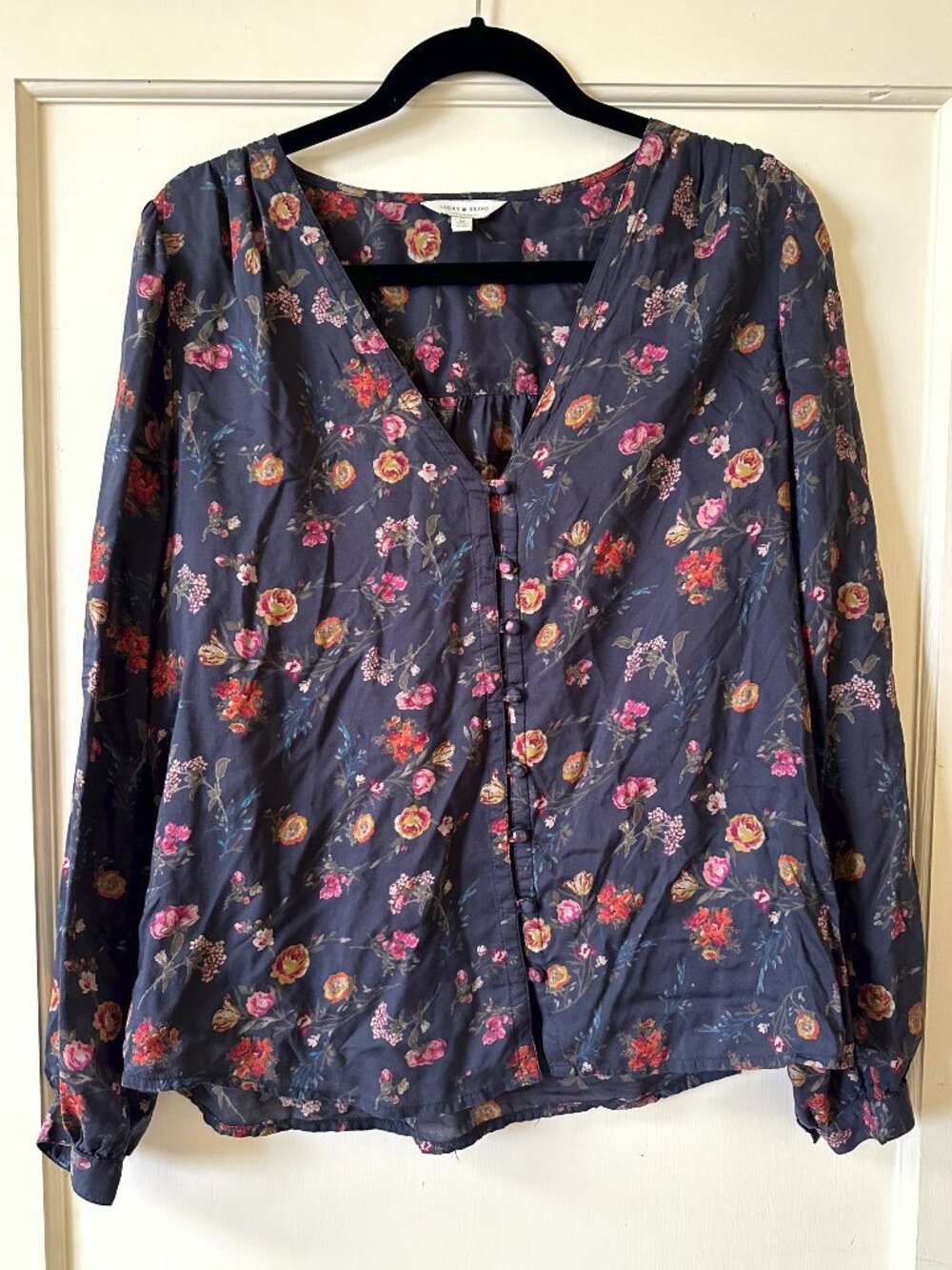 Lucky Brand Womens Medium Floral Button Down Blouse Navy Boho Chic Cotton Top